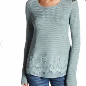 Lucky Brand Seafoam Green Blue Knit Lace Trim Long Sleeve Sweater S